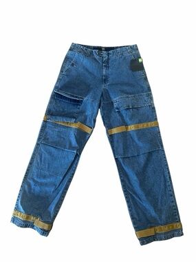 Marithe Francois Girbaud Blue Denim Cargo Jeans with Tan Straps Y2K Vintage, NWT